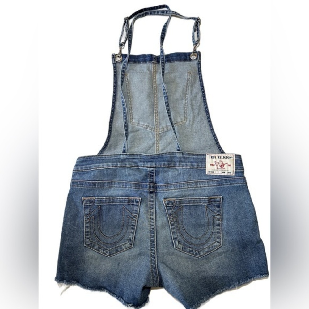 True Religion Denim Overall Shorts Raw Hem Adjustable Straps Side Buttons Large - Picture 2 of 13